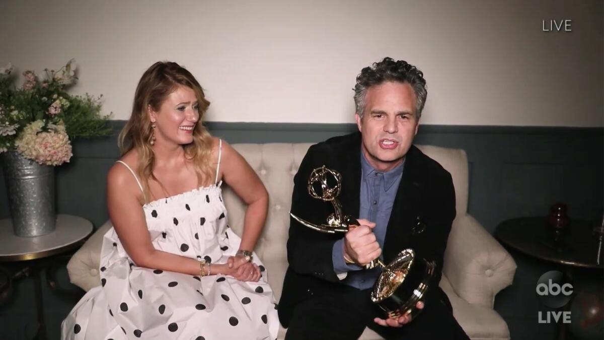 Mark Ruffalo and his wife, Sunrise Coigney, upon winning an Emmy for his performance in "I Know This Much Is True."