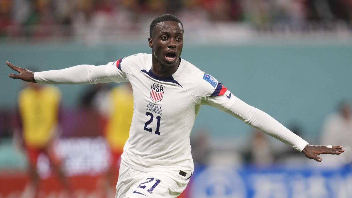 Tim Weah of the United States celebrates after scoring a goal during the World Cup.