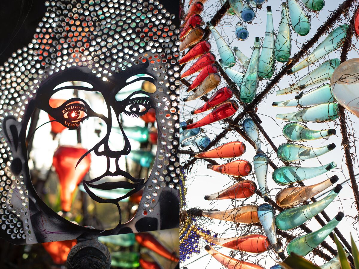 Two photos side by side, of a metal stenciled face, left, and colorful liquid-filled glass bottles, right.