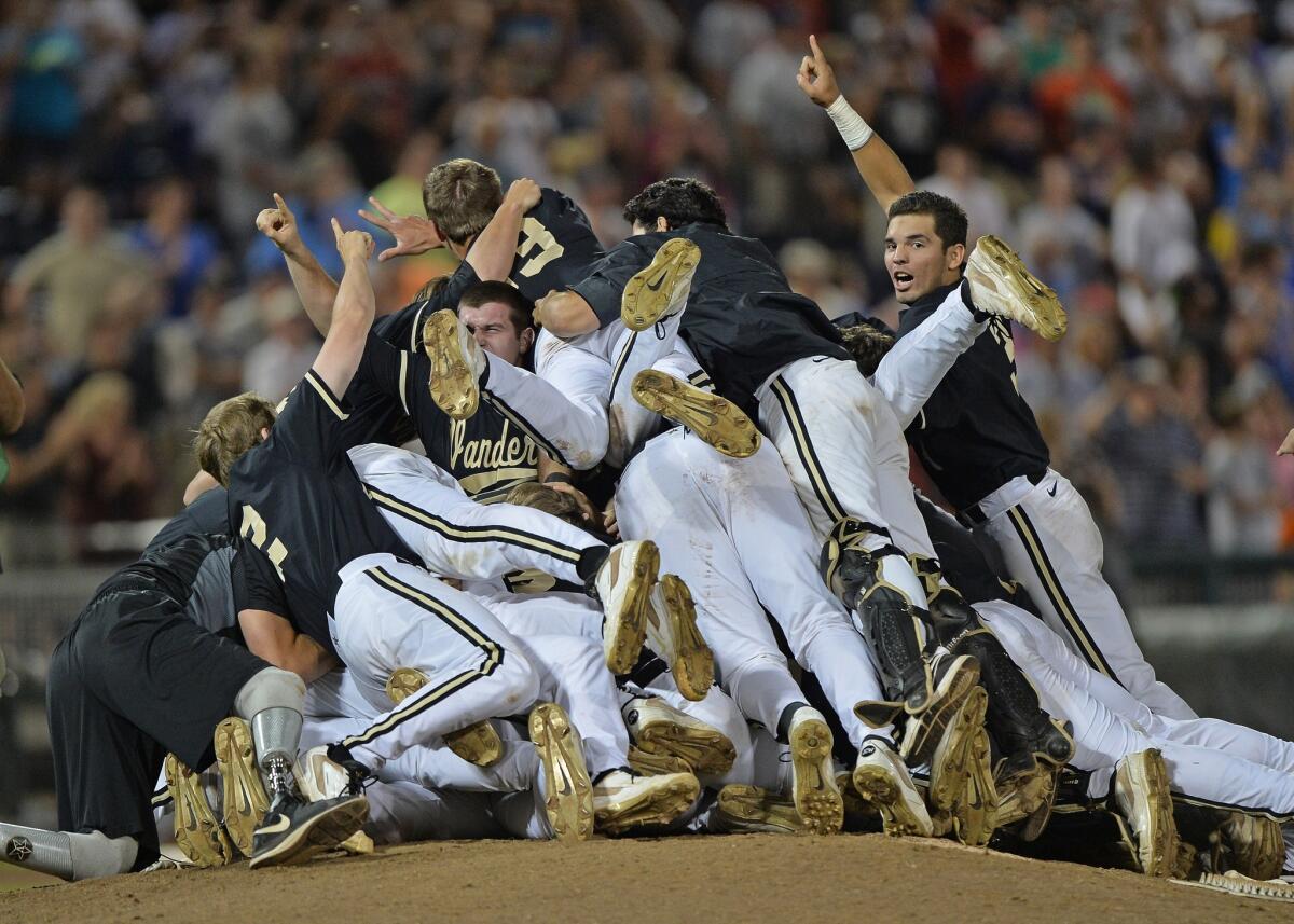 Vanderbilt players celebrate after beating Virginia to win the College World Series last month.