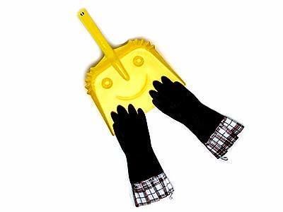 Smiley face metal dustpan, from Cost Plus stores; $9.99; Gloveables black rubber gloves with oilcloth cuffs, from Libbys Vintage Home & Garden in Los Angeles; $13.