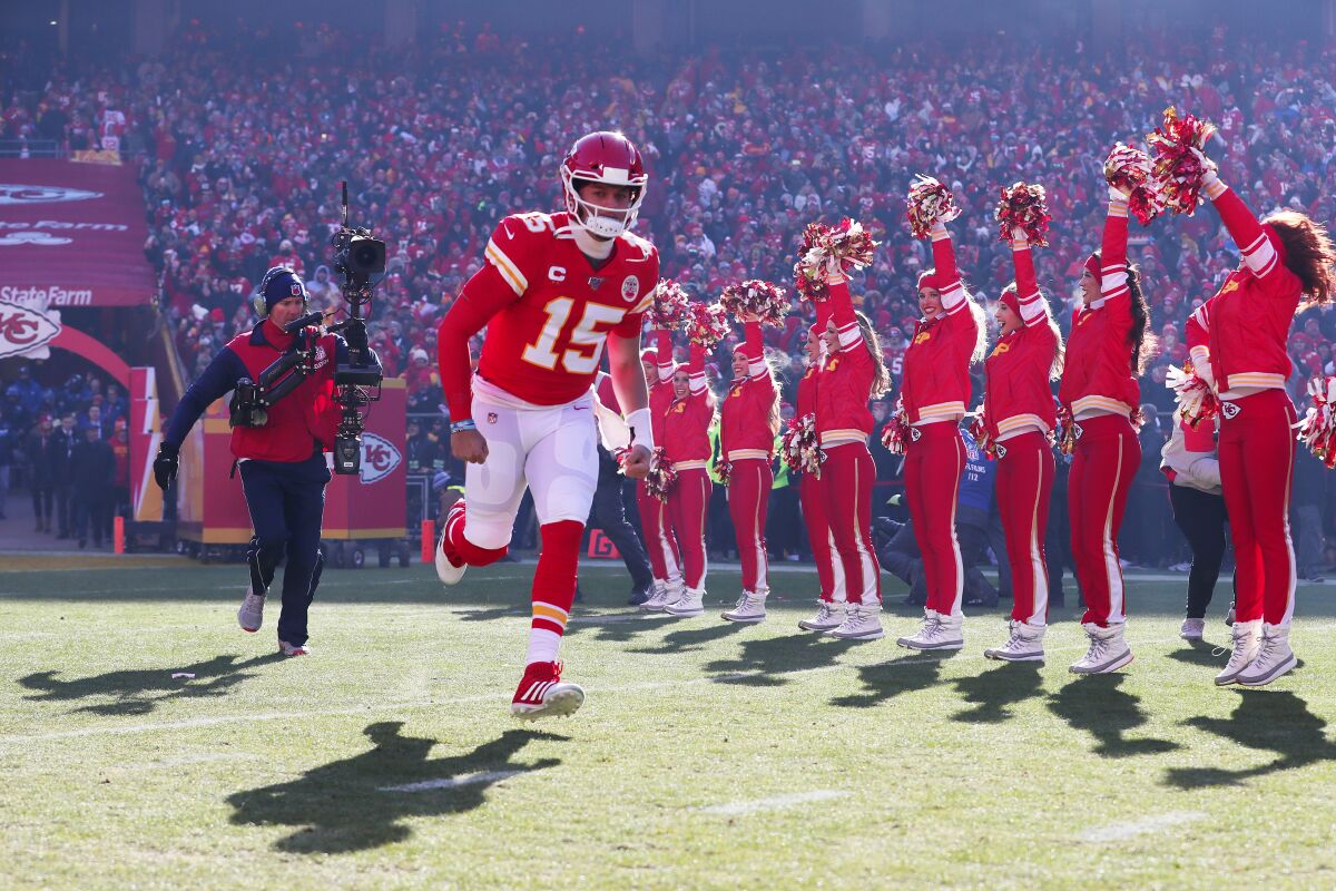 Kansas City Chiefs quarterback Patrick Mahomes runs onto the field before a win over the Tennessee Titans in the AFC Championship game on Jan. 19.