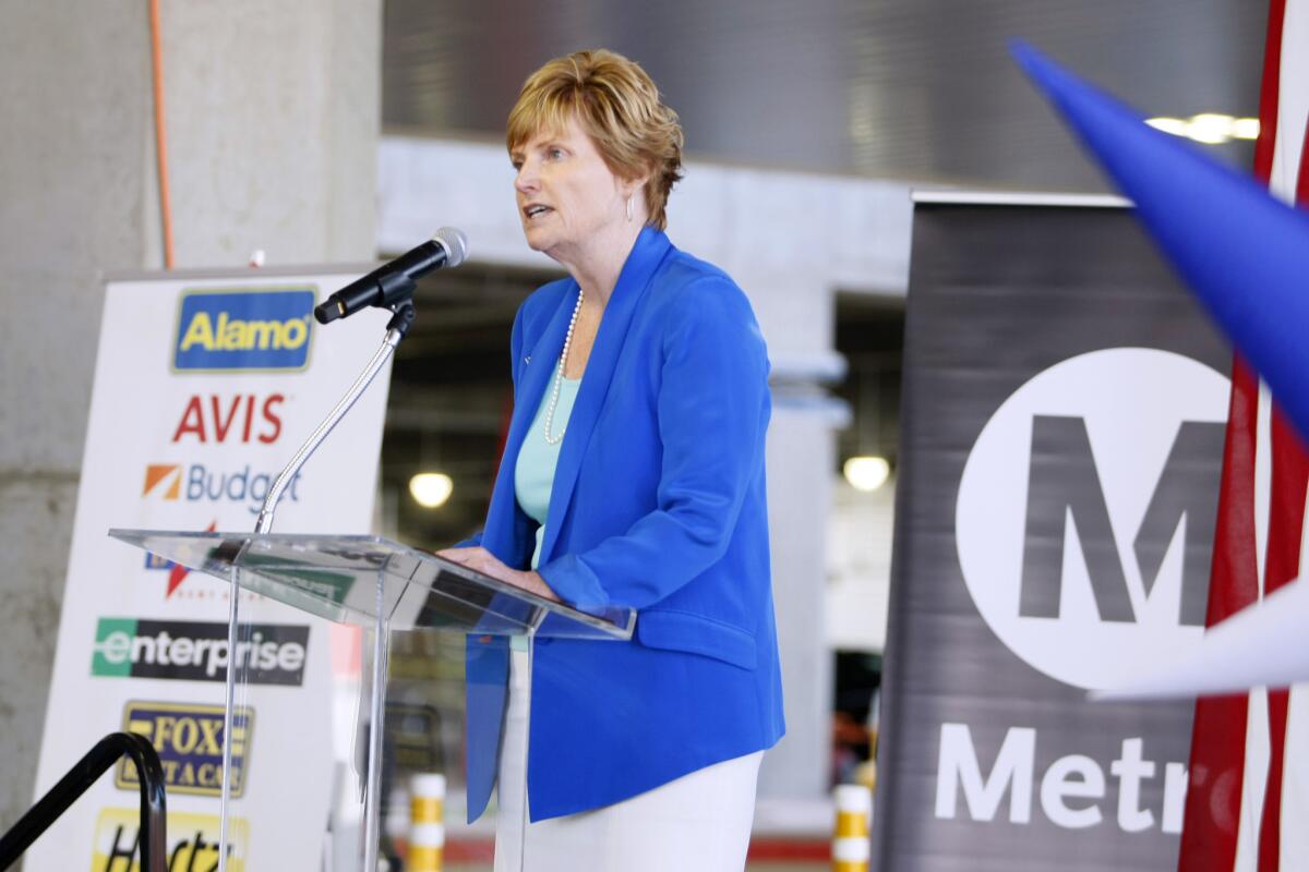 Burbank-Glendale-Pasadena-Airport Authority chairwoman Susan Georgino speaks during grand opening of the new Regional Intermodal Transportation Center at Bob Hope Airport in Burbank in June 2014. In the midst of tense ongoing negotiations between the city of Burbank and the Burbank-Glendale-Pasadena Airport Authority, Councilman David Gordon has raised questions about the authority’s hiring Gergino as a consultant.