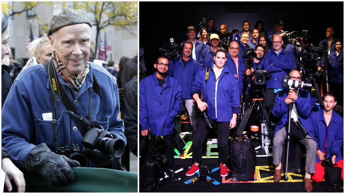At left, Bill Cunningham in 2011; At right, fashion-week photographers wearing blue jackets -- like the Cunningham wore -- on Sept. 8, the first day of New York Fashion Week 2016