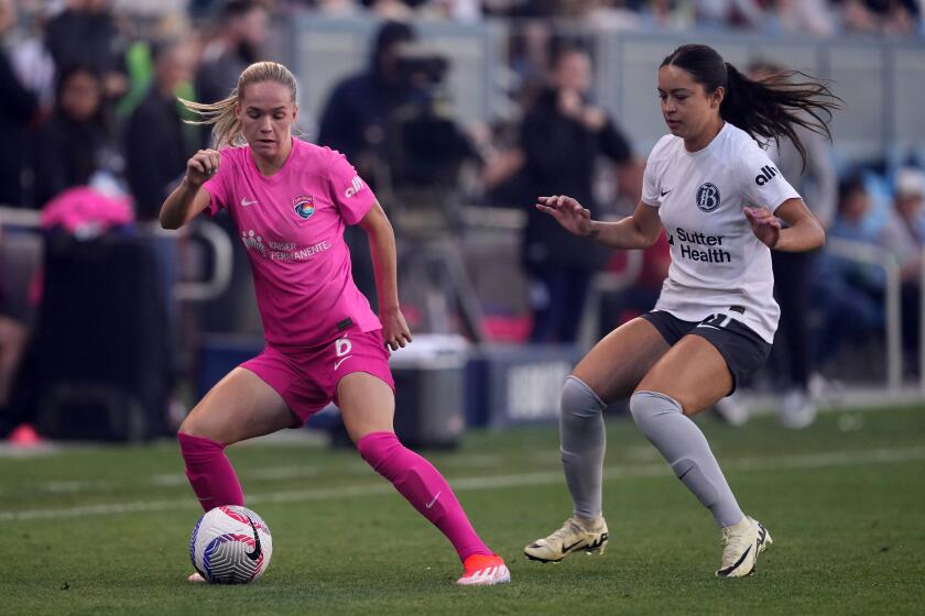 San Diego Wave FC defender Hanna Lundkvist (6) kicks the ball past Bay FC during the first half at PayPal Park.