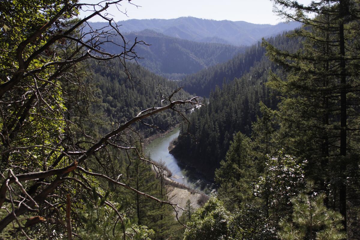 The Klamath River flows toward the Pacific, seen atop Cade Mountain in Humboldt County on March 3, 2020.