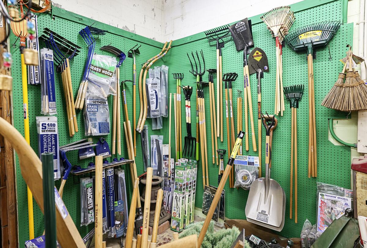 A large selection of gardening tools on display at City Farmers Nursery in San Diego.