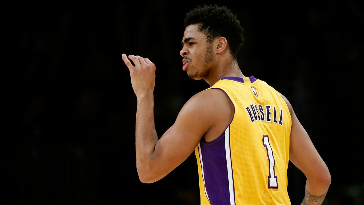 D'Angelo Russell follows through on a three-pointer in February.