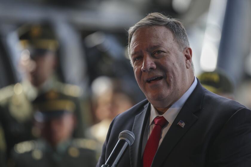 U.S. Secretary of State Mike Pompeo speaks during a visit to an anti-narcotics police base in Bogota, Colombia, Tuesday, Jan. 21, 2020. (AP Photo/Ivan Valencia)