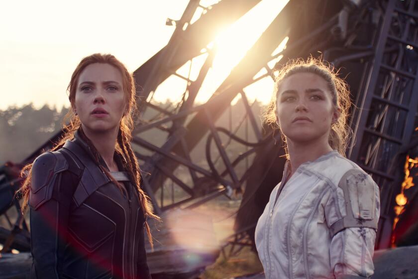 (L-R): Black Widow/Natasha Romanoff (Scarlett Johansson) and Yelena (Florence Pugh) in Marvel Studios' BLACK WIDOW, in theaters and on Disney+ with Premier Access. Photo courtesy of Marvel Studios. ©Marvel Studios 2021. All Rights Reserved.