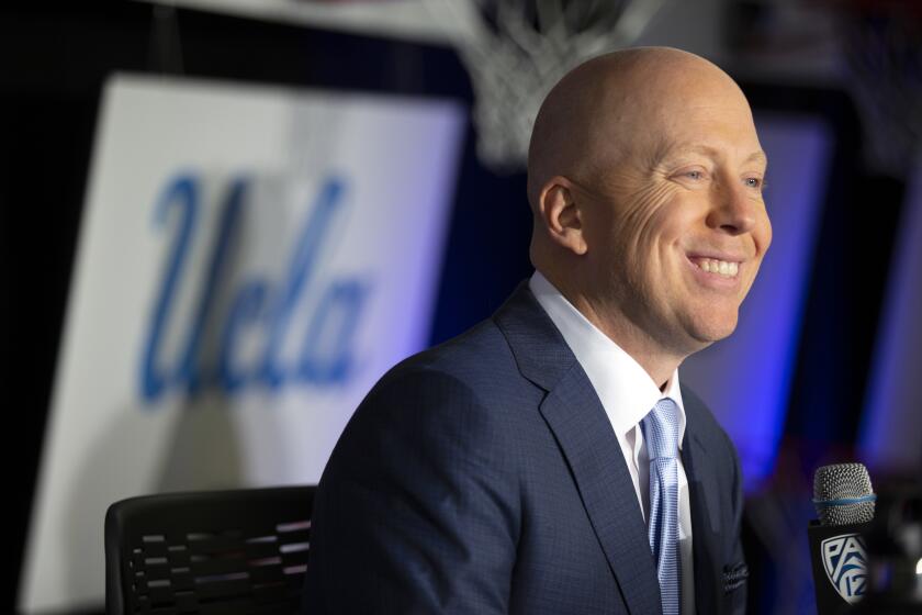 FILE - In this Oct. 8, 2019, file photo, UCLA coach Mick Cronin speaks during the Pac-12 NCAA college basketball media day in San Francisco. Cronin takes over the Bruins after a consistently solid run at Cincinnati. (AP Photo/D. Ross Cameron, File)