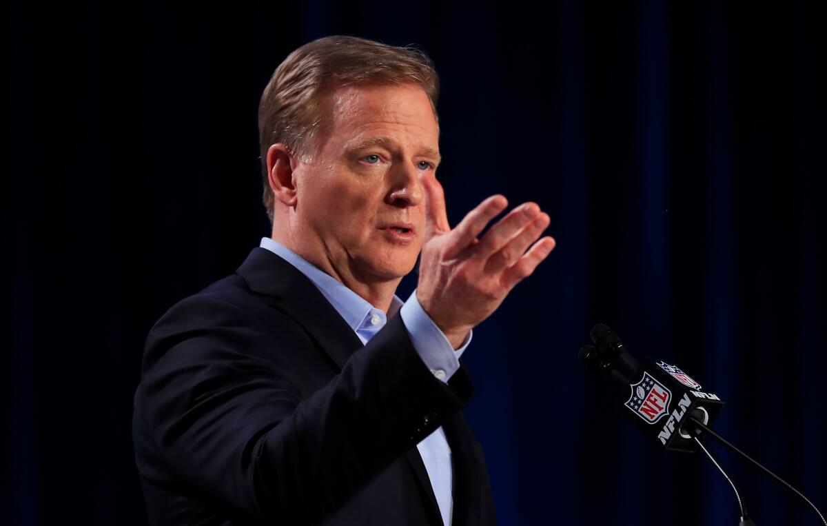 NFL Commissioner Roger Goodell speaks to the media during a news conference in Miami in January 2020.