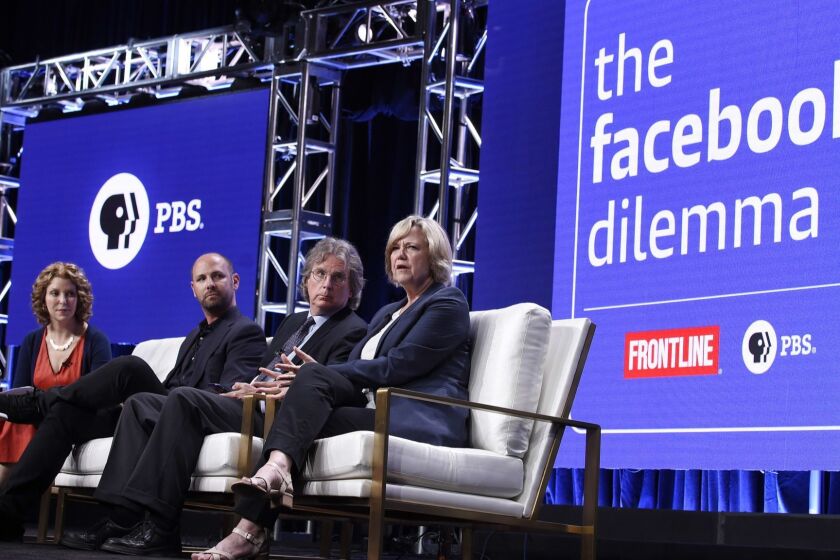 Series executive producer Raney Aronson-Rath, from left, producer James Jacoby, Facebook investor and venture capitalist Roger McNamee and Washington Post journalist Dana Priest take part in a panel discussion on the PBS Frontline special "The Facebook Dilemma" during the 2018 Television Critics Association Summer Press Tour at the Beverly Hilton, Tuesday, July 31, 2018, in Beverly Hills, Calif. (Photo by Chris Pizzello/Invision/AP)