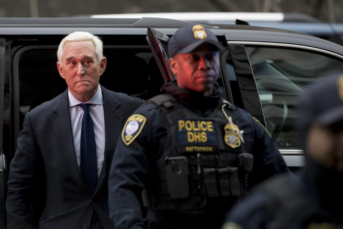 Roger Stone, a former campaign advisor for President Trump, arrives at federal court in Washington on Jan. 29, 2019.
