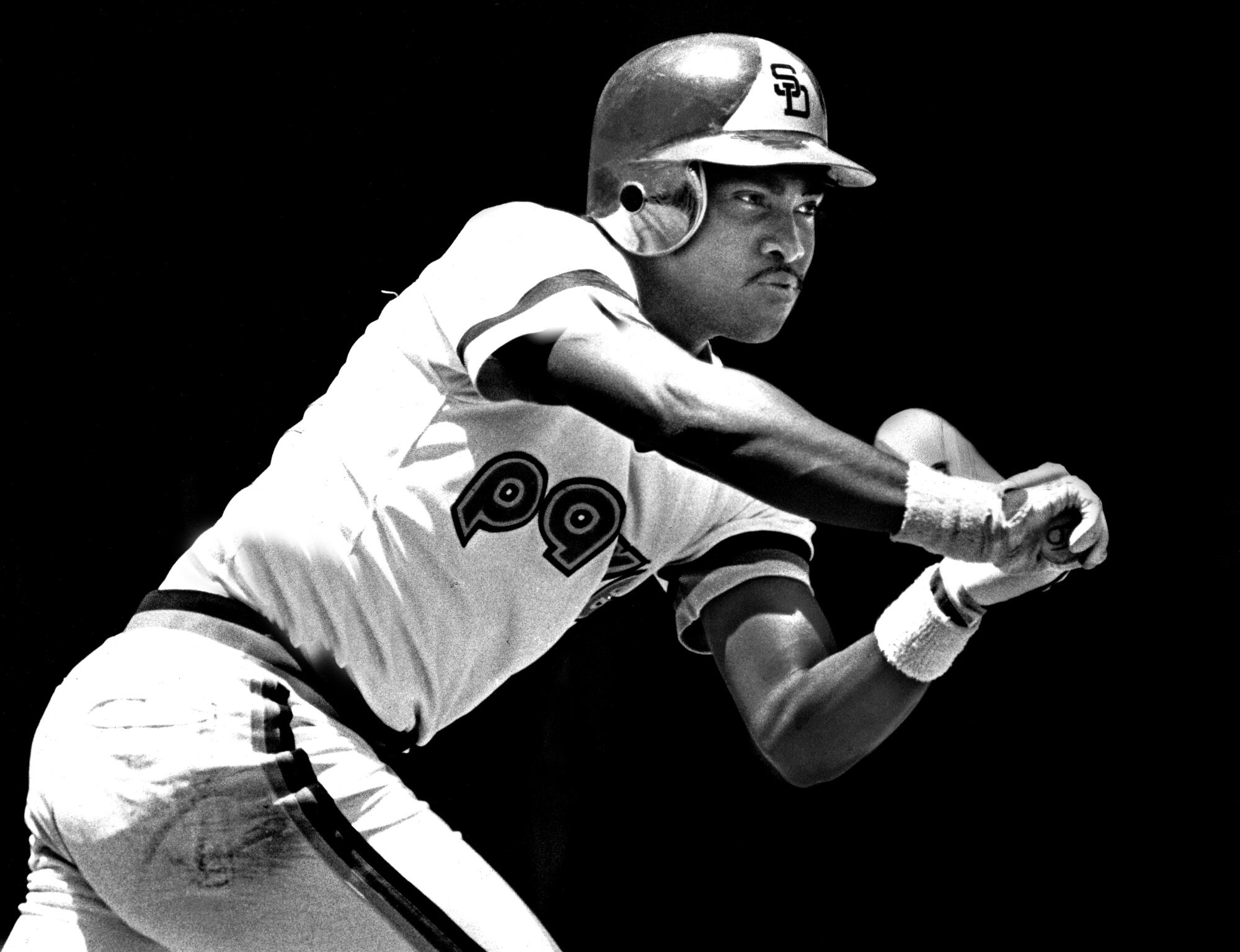 San Diego Padres outfielder Tony Gwynn checks his swing against the Atlanta Braves during a game in August 1982.