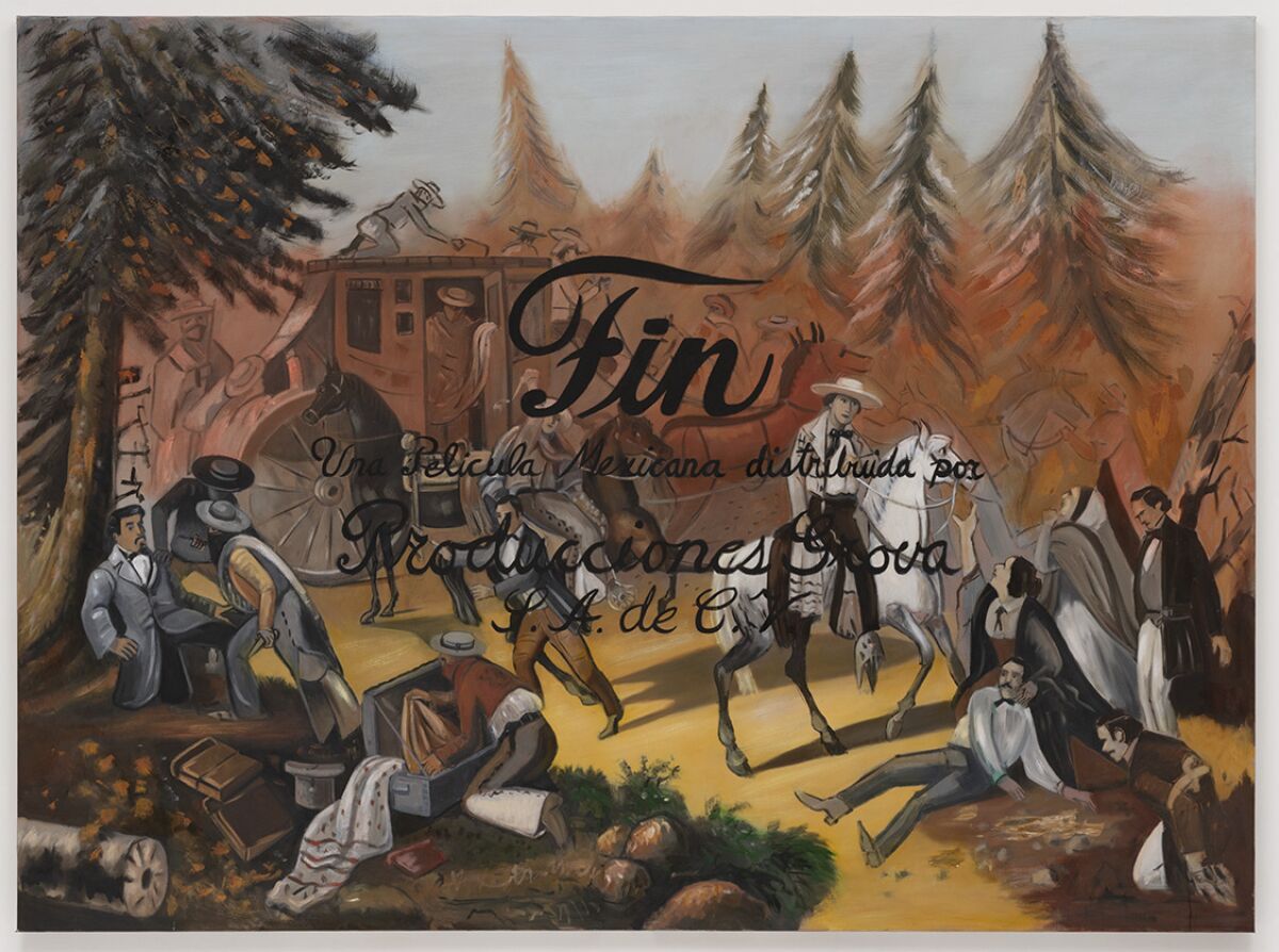 A painting shows a film's end credits with the word "Fin" over a scene of settlers around a stage coach