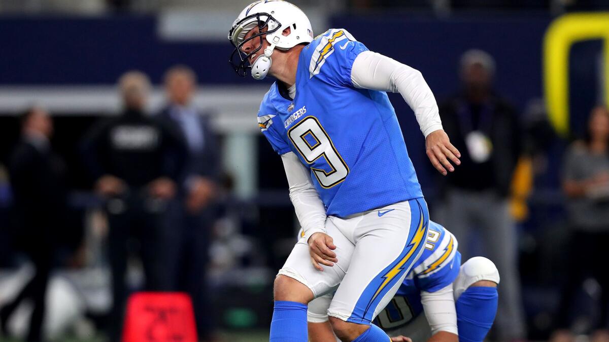 Chargers kicker Nick Novak winces after making a field goal during the second quarter Thursday.