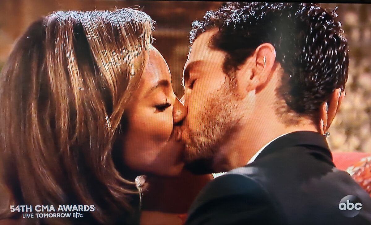 Bachelorette Tayshia Adams kisses suitor Spencer Robertson of La Jolla on the Nov. 10 episode of ABC's "The Bachelorette."