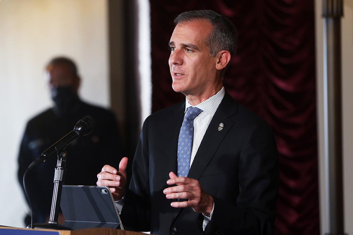 Los Angeles Mayor Eric Garcetti at a news conference in July 2020. 