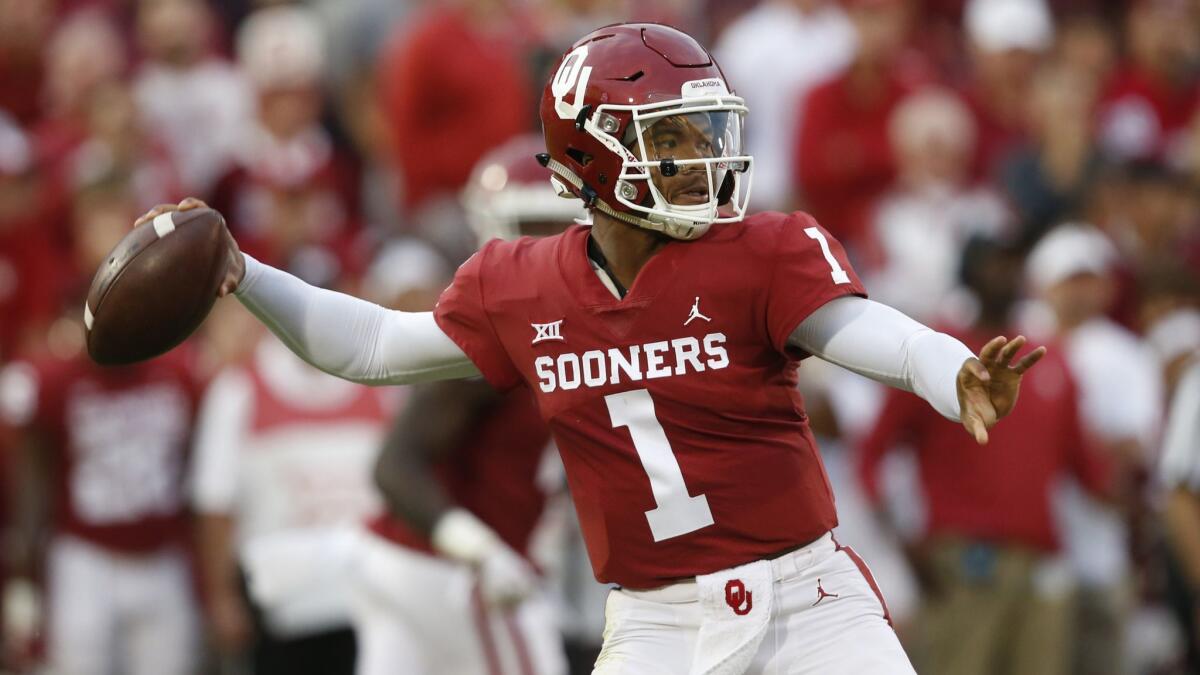 Oklahoma quarterback Kyler Murray (1) throws in the first half against Army, in Norman, Okla. on Sept. 22, 2018.