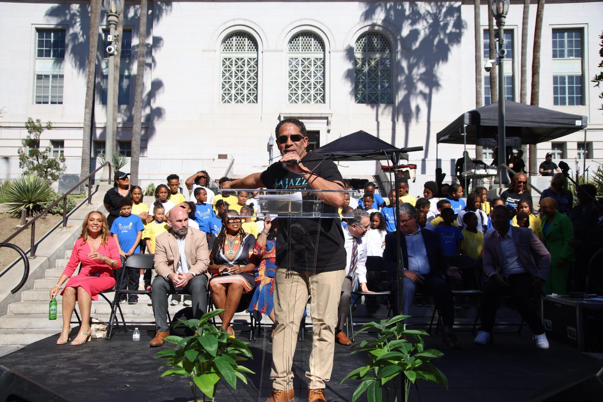 Martin Ludlow speaks at Los Angeles City Hall announcing the LA Jazz Festival in February.