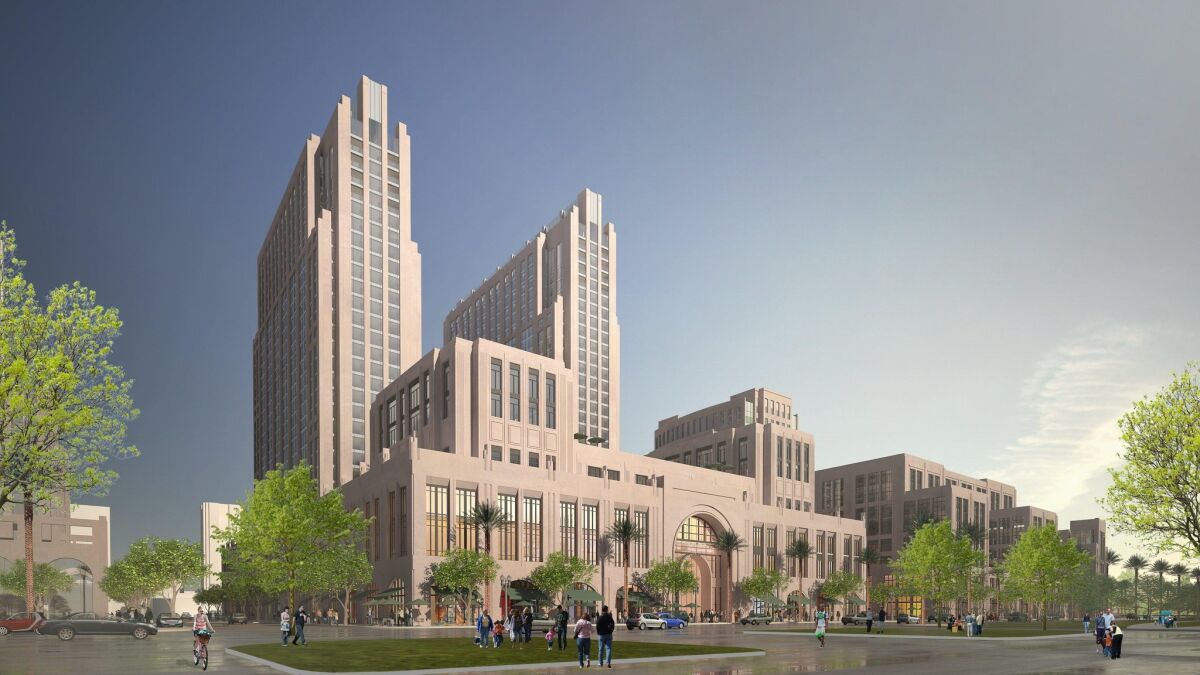 The blocks between E and F streets would include a 1,200-room hotel and, in the foreground, a museum. Retail would be located on the ground floors. Gensler