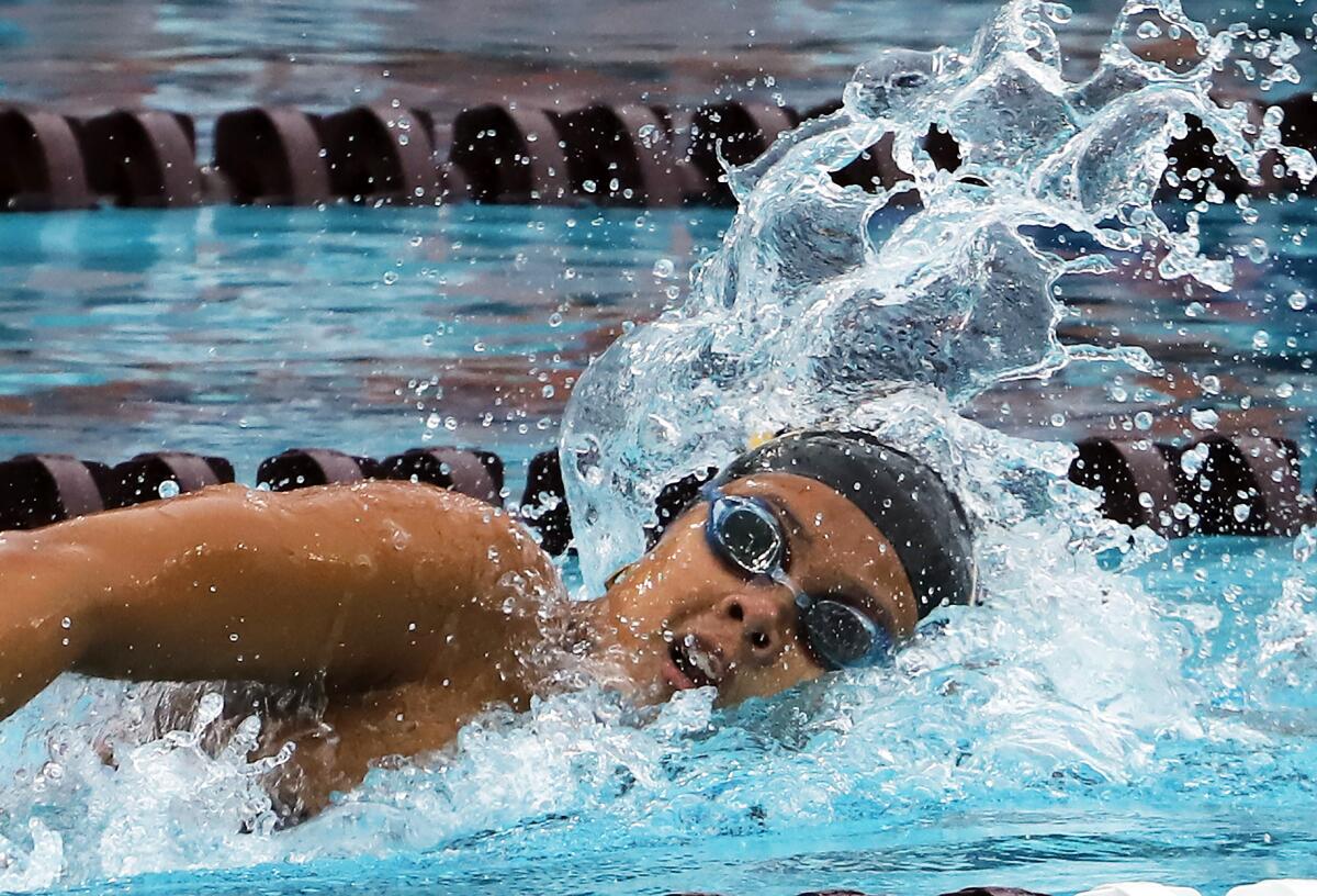 Fountain Valley's Kaitlyn Nguyen competes in the 200 individual medley during the Division 1 swim finals on Saturday.