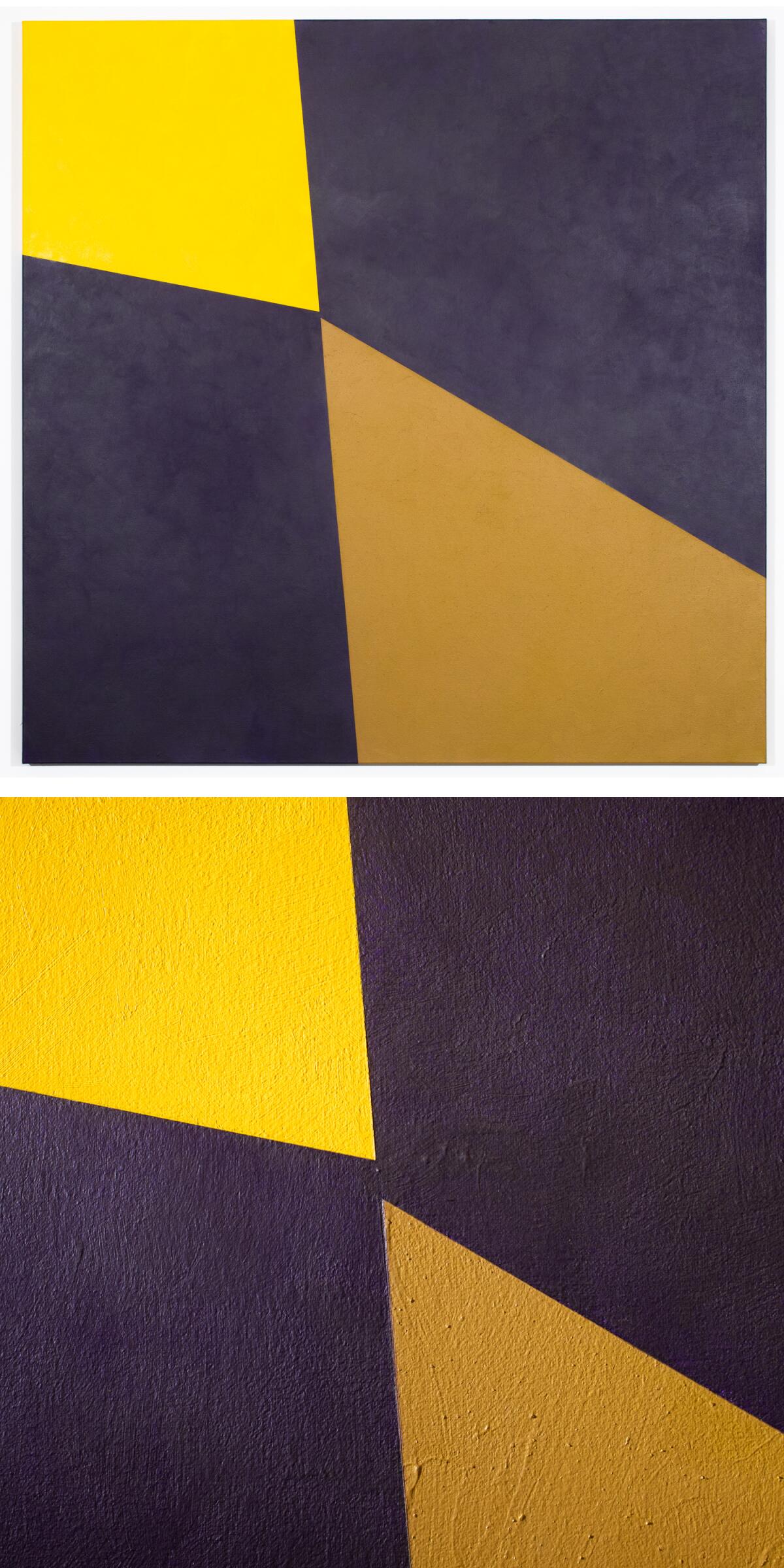 A diptych showing Virginia Jaramillo's work with a detail photo showing texture below.