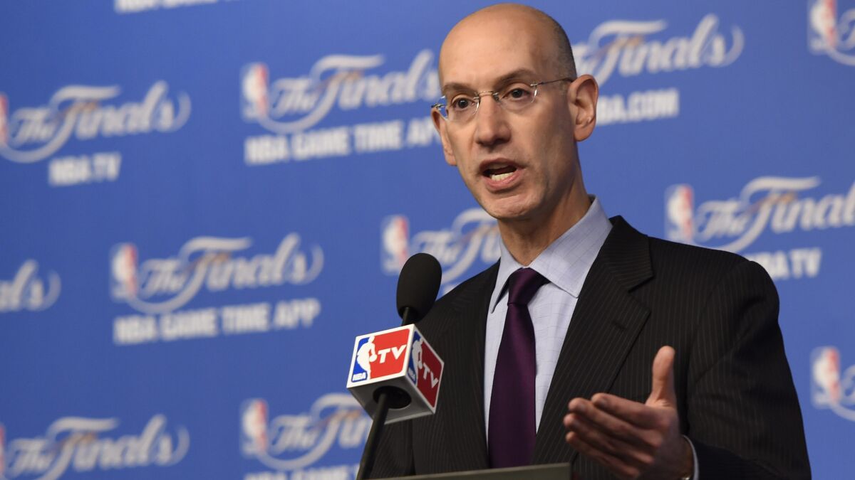 NBA Commissioner Adam Silver answers questions during a news conference Sunday before the start of Game 2 of the NBA Finals in San Antonio, Texas. Silver said he's only spoken once to Clippers owner Donald Sterling since banning him for life.