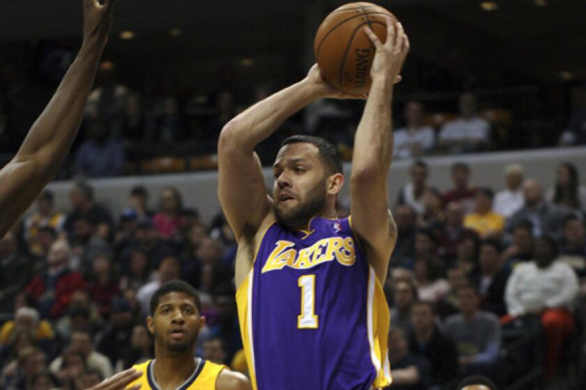Lakers guard Jordan Farmar looks to pass in a game against the Indiana Pacers.