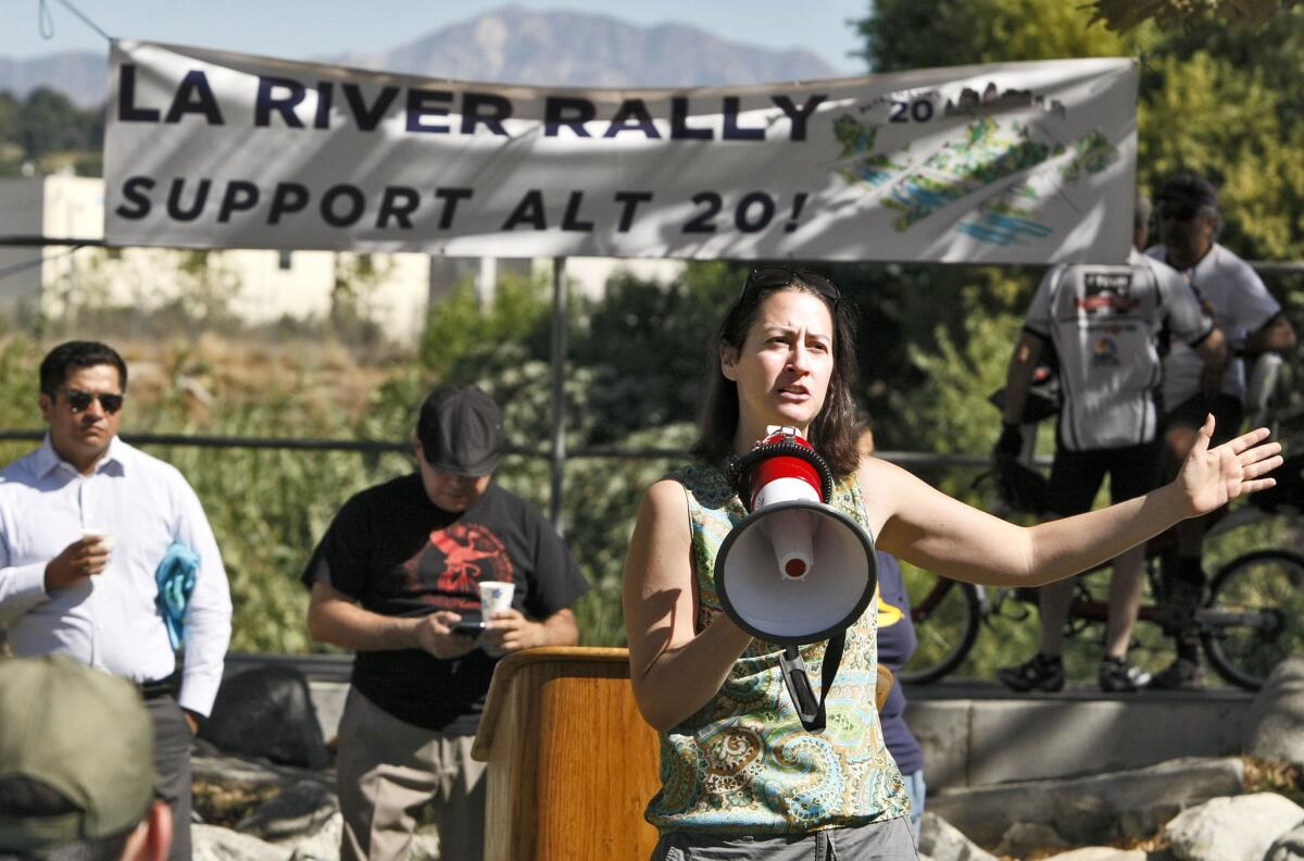 Glendale Councilwoman Laura Friedman speaks to the crowds in favor of Alternative 20 at Marsh Park during the Los Angeles River Rally, in Los Angeles on Saturday, Sept. 28, 2013. The rally was in support of the Alternative 20 plan, a $1.08-billion project that would add nearly 30 acres of wetlands to the Verdugo Wash in Glendale and widen the river.