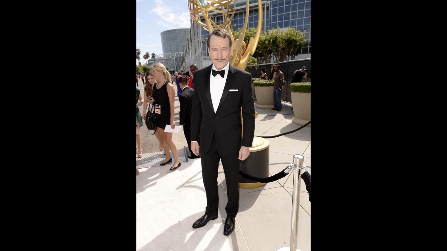 Bryan Cranston in a Ralph Lauren Black Label traditional notch lapel tuxedo, accessorized with a crisply folded pocket square and rakish mustache.