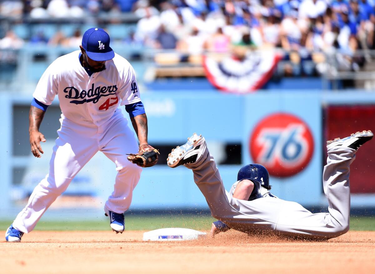 San Diego outfielder Wil Myers steals second base in front of Howie Kendrick during the first inning of an opening day game Monday between the Padres and the Dodgers.