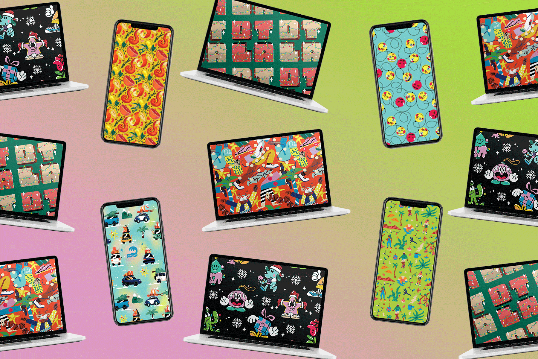 Grid of phones and laptops with various festive backgrounds