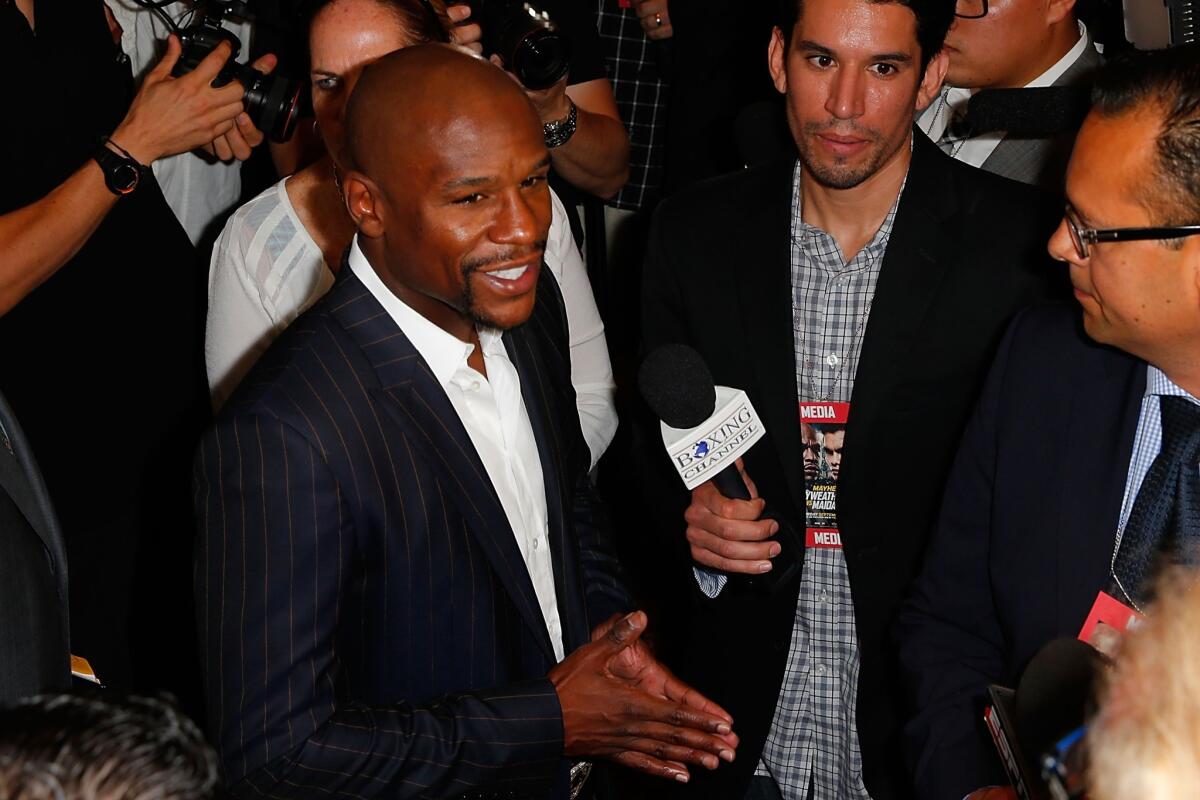 Floyd Mayweather Jr. speaks to the press on Thursday in downtown Los Angeles.