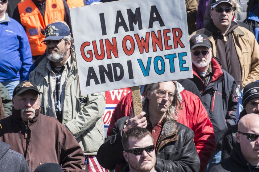 Pro-gun rally, organized by Gun Owner's Action League of Massachusetts on Boston Common in Boston, MA on April 3, 2013. About 500 Second Amendment supporters rallied on Boston Common and march to the Massachusetts State House. (Photo by Rick Friedman/Corbis via Getty Images)