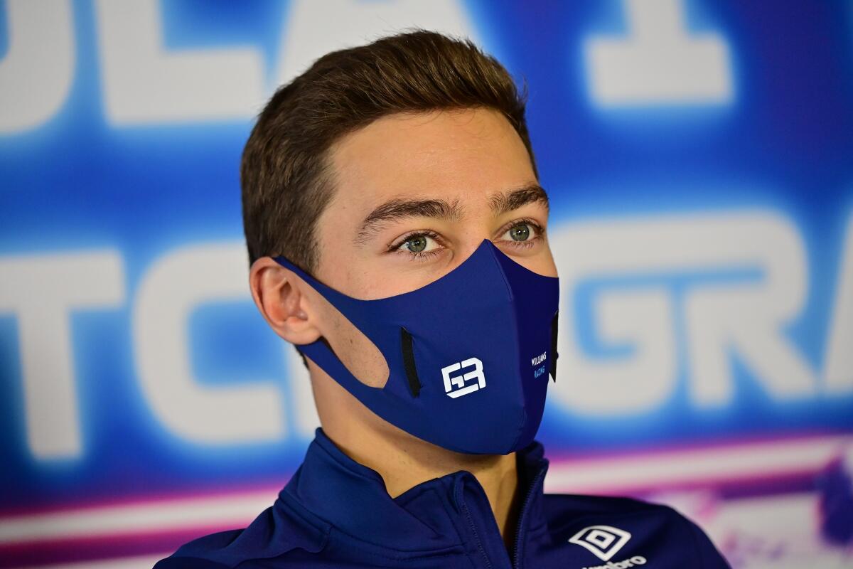 Williams driver George Russell of Britain attends a press conference ahead of Sunday's Formula One Dutch Grand Prix at the Zandvoort racetrack, Netherlands, Thursday, Sept. 2, 2021. (Andrej Isakovic, Pool via AP)