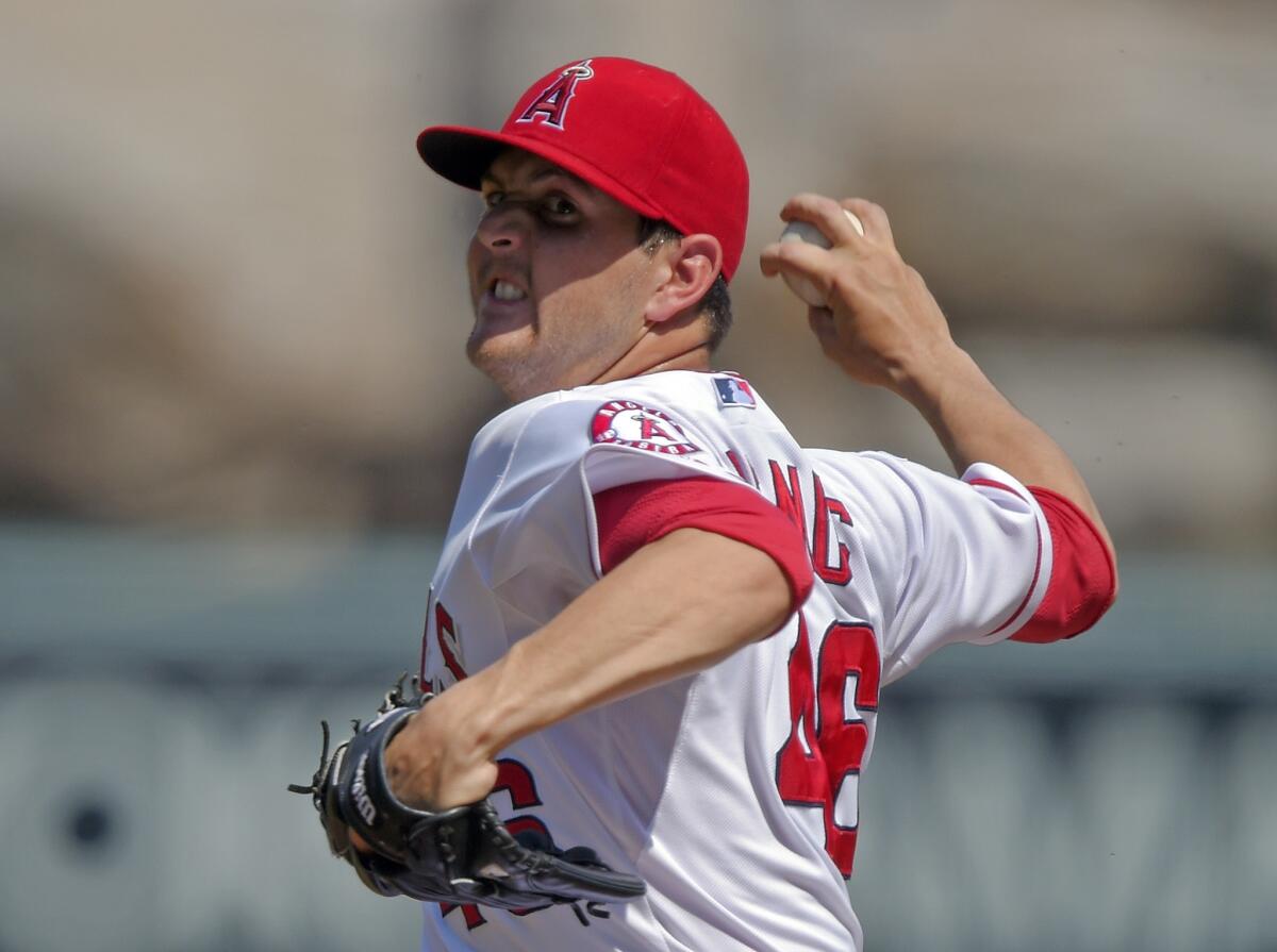 Cory Rasmus pitched four shutout innings against the Rangers on Sunday while scattering two hits. The Angels lost to the Rangers, 2-1.