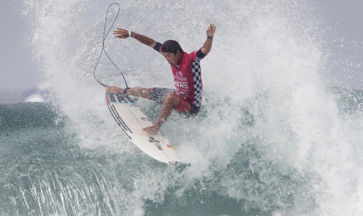 Kanoa Igarashi surfs in the U.S. Open of Surfing in Huntington Beach on Aug. 4, 2017.