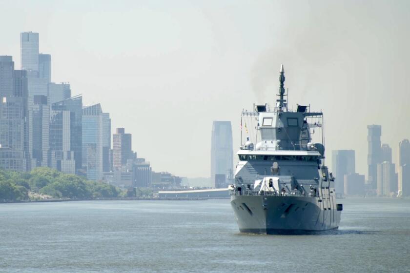 The German frigate FGS Baden-Württemberg transits New York Harbor on May 22, 2024.