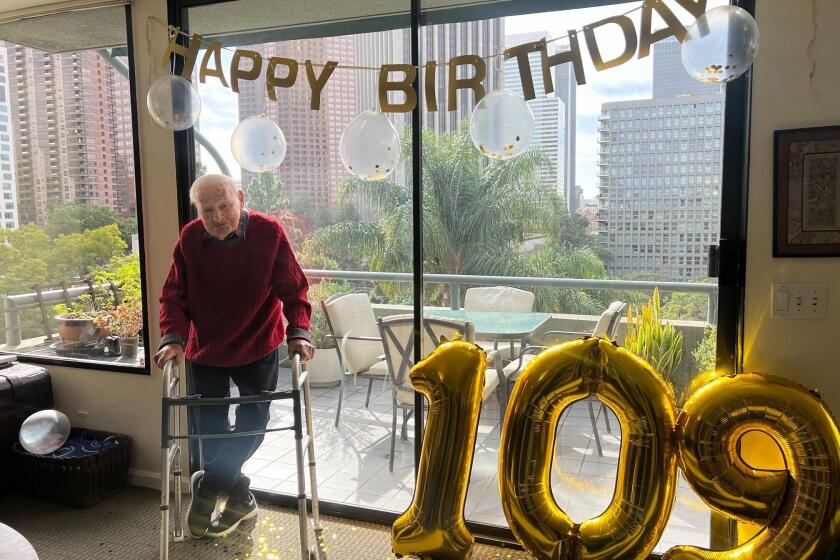 Morrie Markoff and family celebrating his 109th birthday in downtown l.a. Jan. 11.
