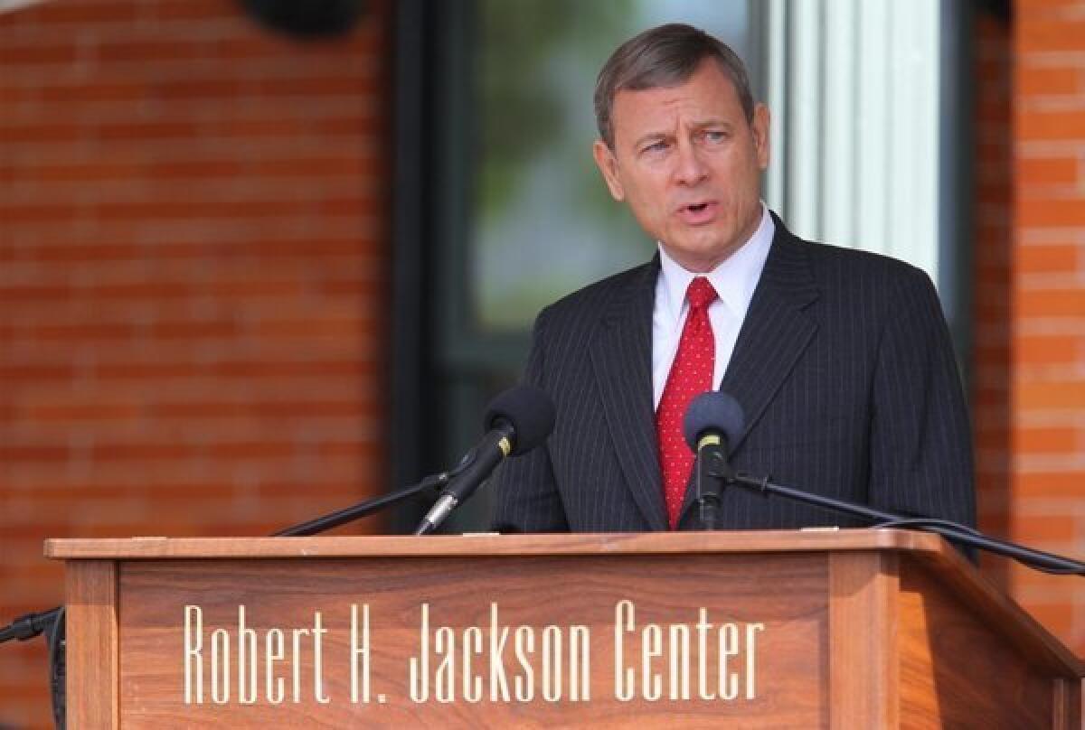 Chief Justice John G. Roberts Jr. speaks at the Robert H. Jackson Center in Jamestown, N.Y., on May 17.