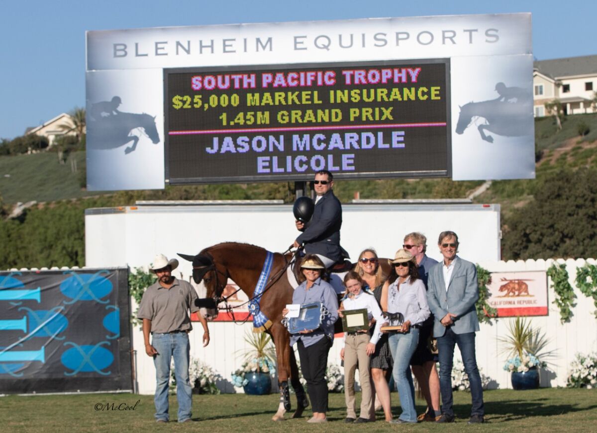 Jason McArdle celebrates his victory on Elicole after winning the $25,000 Markel Insurance 1.45 Meter Grand Prix in September in San Juan Capistrano.