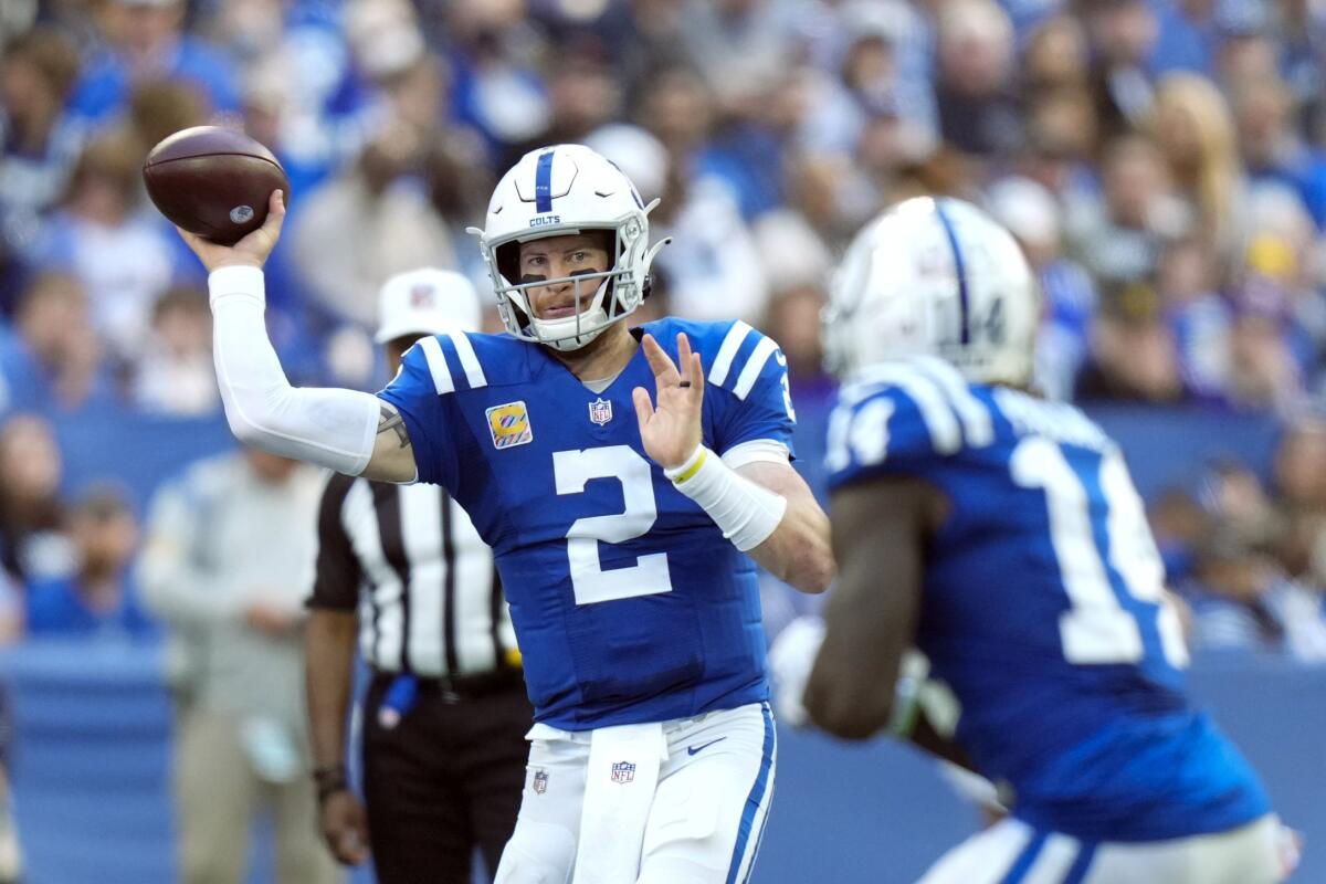 Indianapolis Colts quarterback Carson Wentz throws a pass during the second half against the Houston Texans.