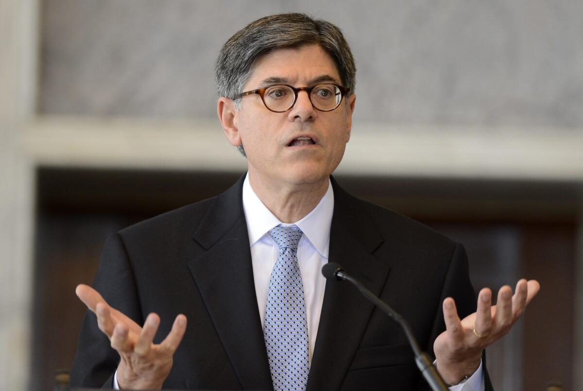 Treasury Secretary Jacob J. Lew speaks Thursday at the Treasury Department in Washington.