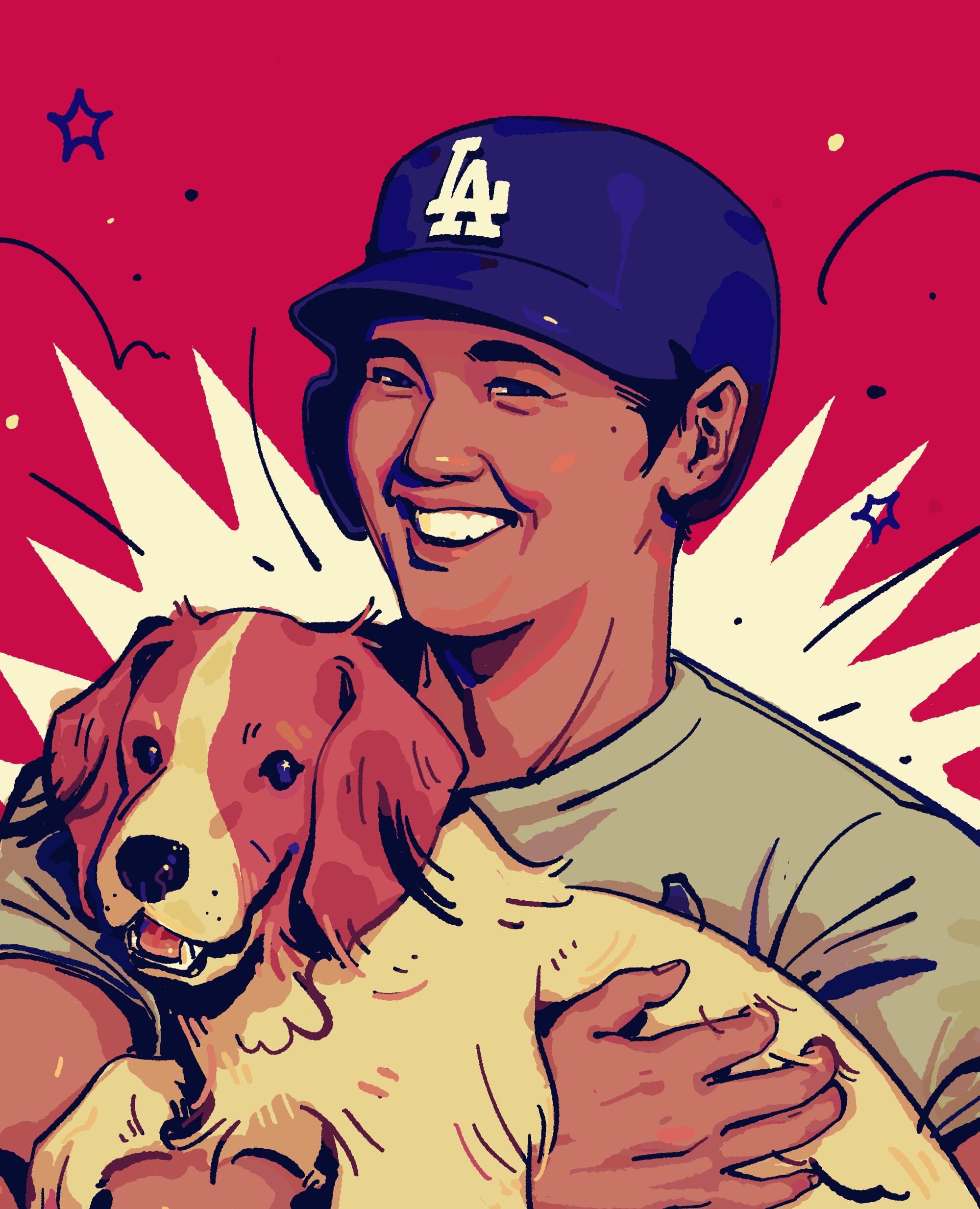 illustration of a smiling Shohei Ohtani in a Dodgers helmet holding a brown and white dog