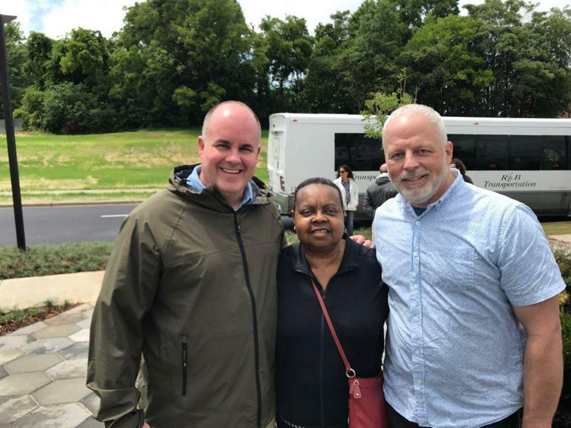 Mike Tusken, Virginia Huston and Warren Read at the National Memorial for Peace and Justice in Montgomery, Ala., in 2018.