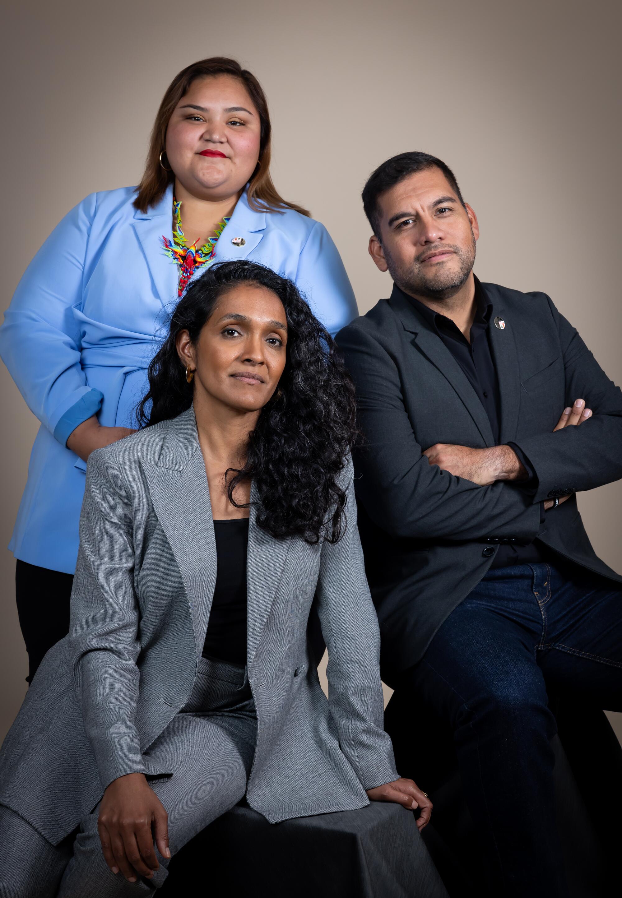 From left, L.A. City Councilmembers Eunisses Hernandez, Nithya Raman and Hugo Soto-Martínez