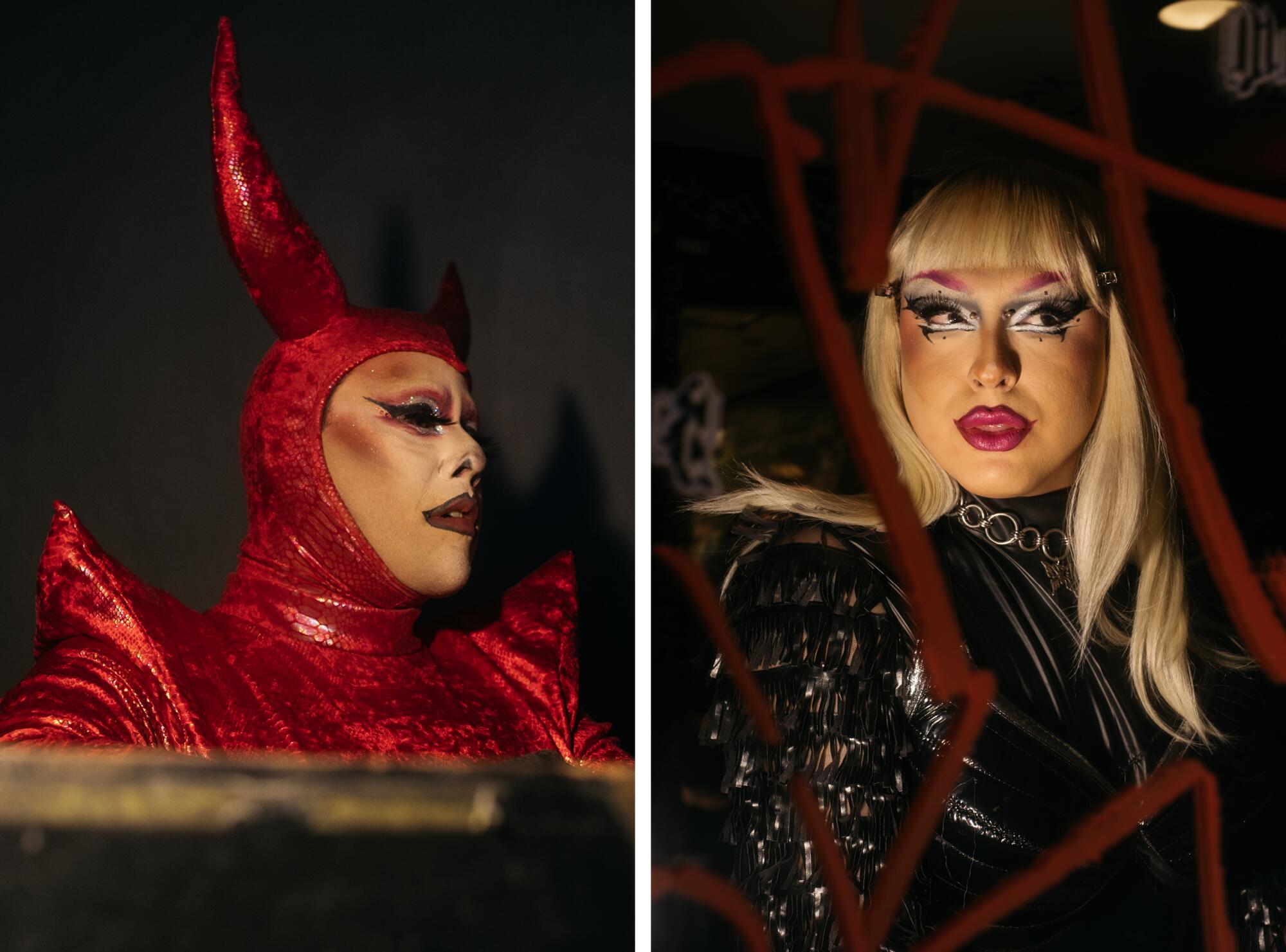 Side-by-side portraits of a person dressed in a devil suit and a heavily made-up blond woman at Heav3n.
