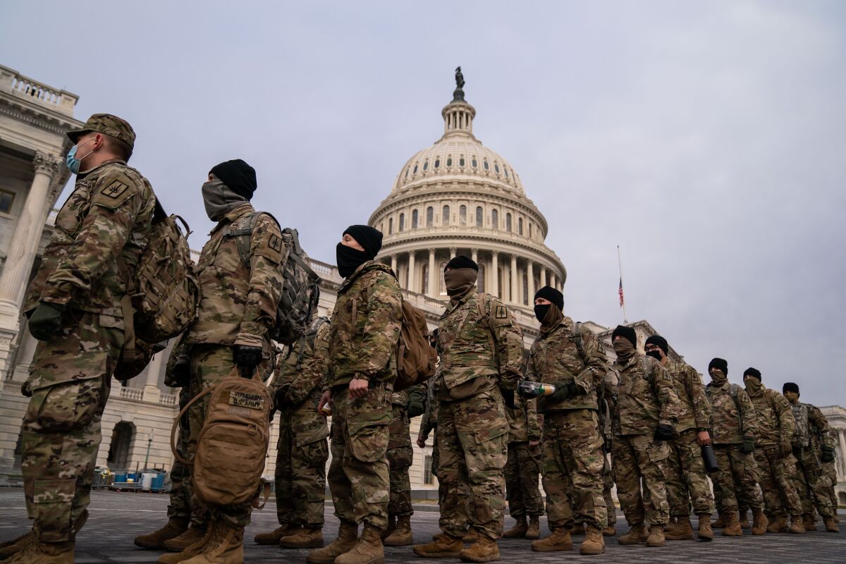 National Guard members line up on the U.S. Capitol grounds Jan. 11.